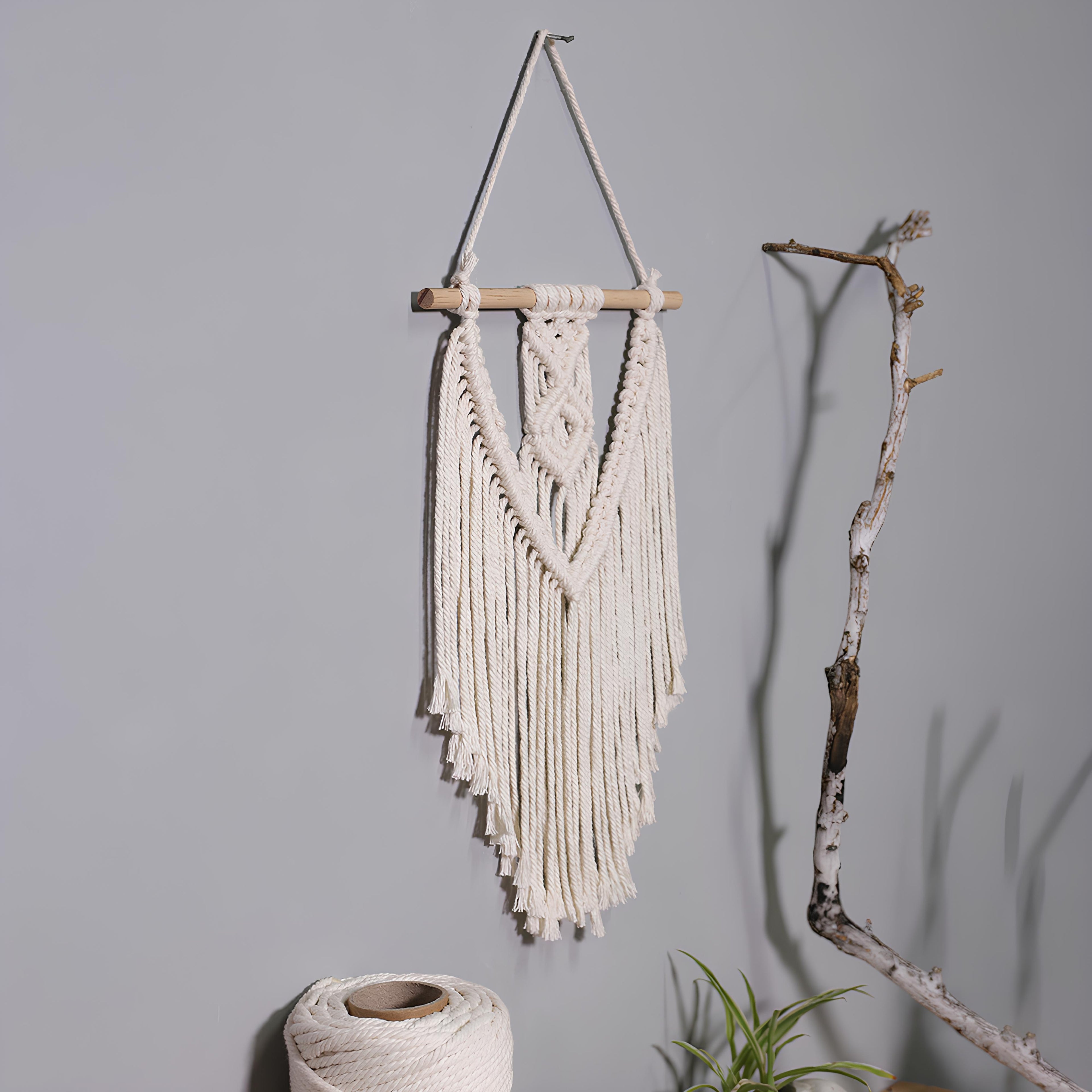 Macrame wall hanging on a gray wall with a branch and plant