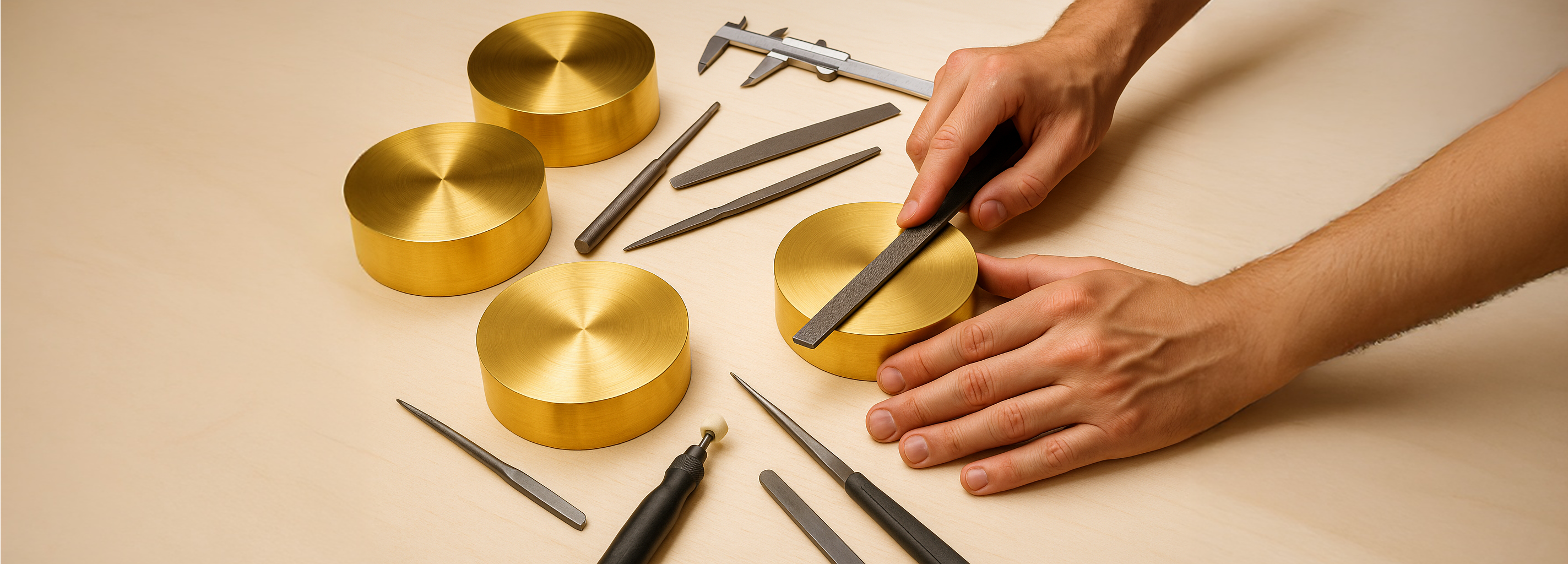 Gold metalworking tools on a beige surface with hands using a file.