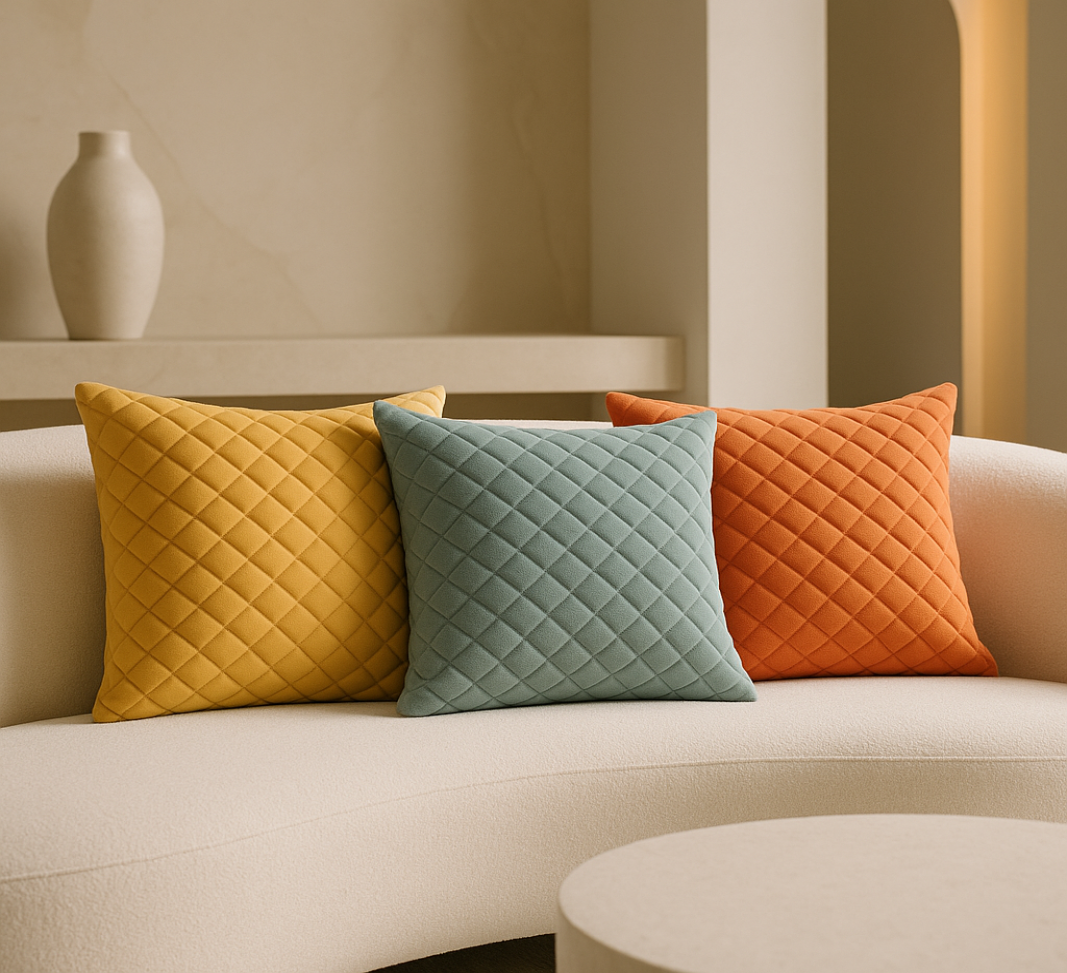 Three quilted pillows in yellow, blue, and orange on a beige sofa.