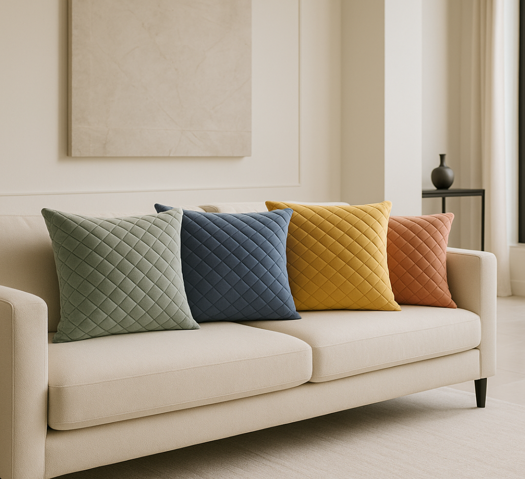 Beige sofa with colorful quilted cushions in a modern living room.