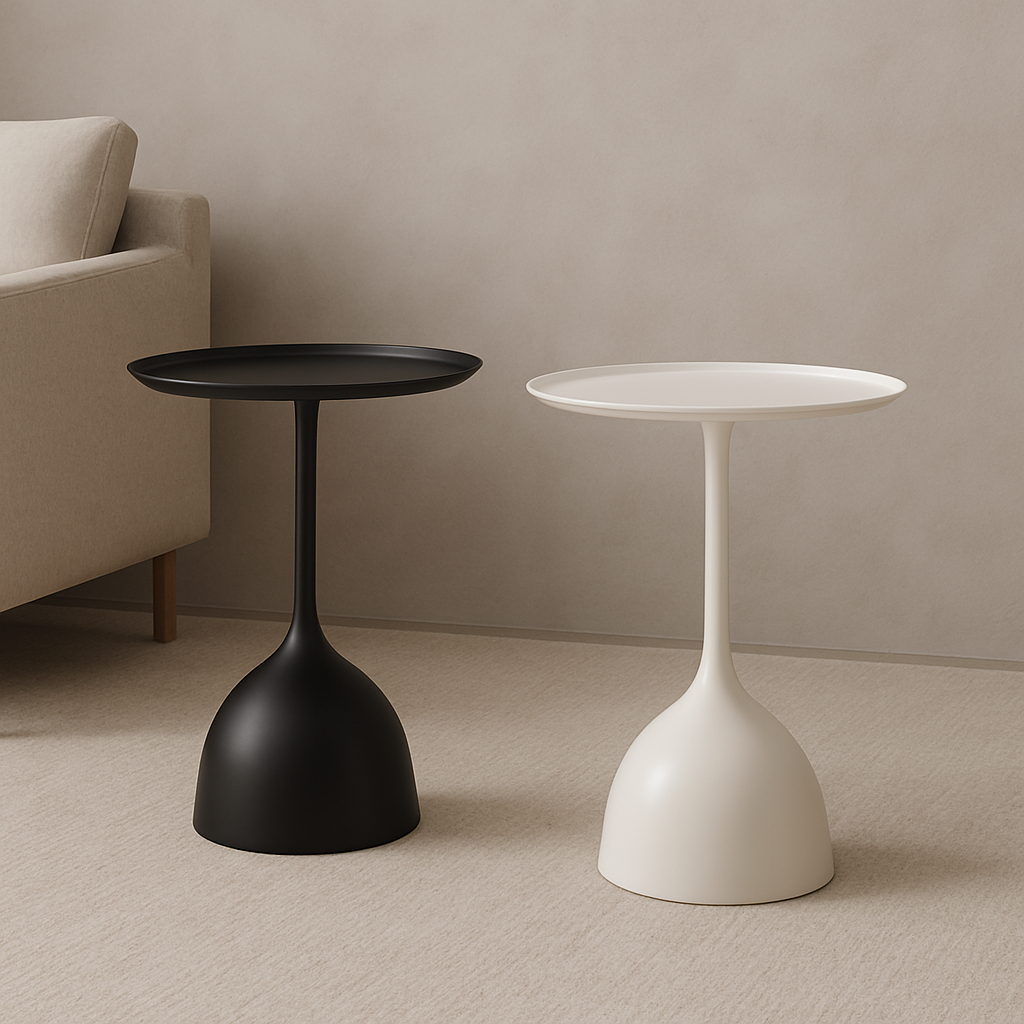 Two side tables, one black and one white, on a beige carpet with a neutral wall background.