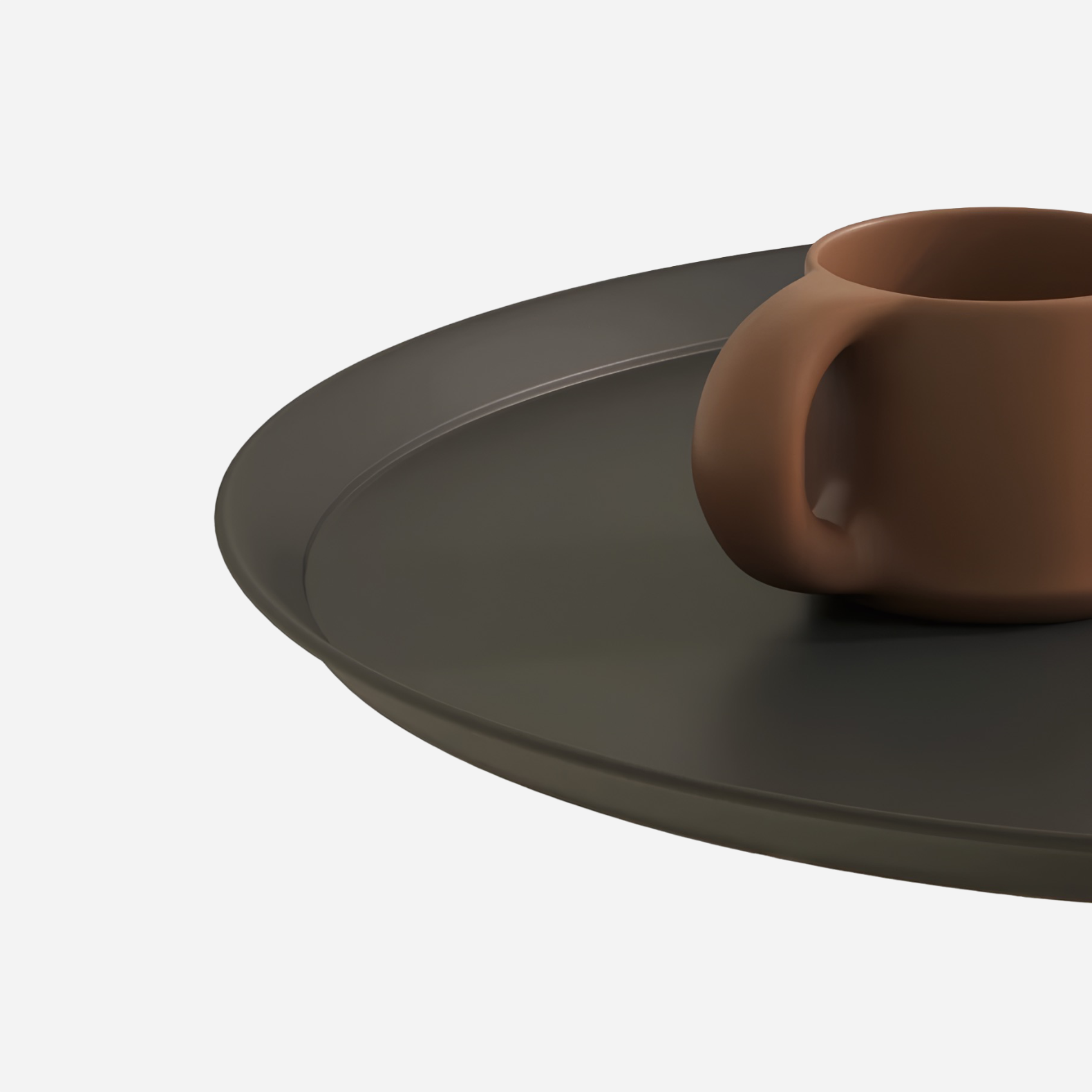 Brown ceramic cup on black side table against a white background