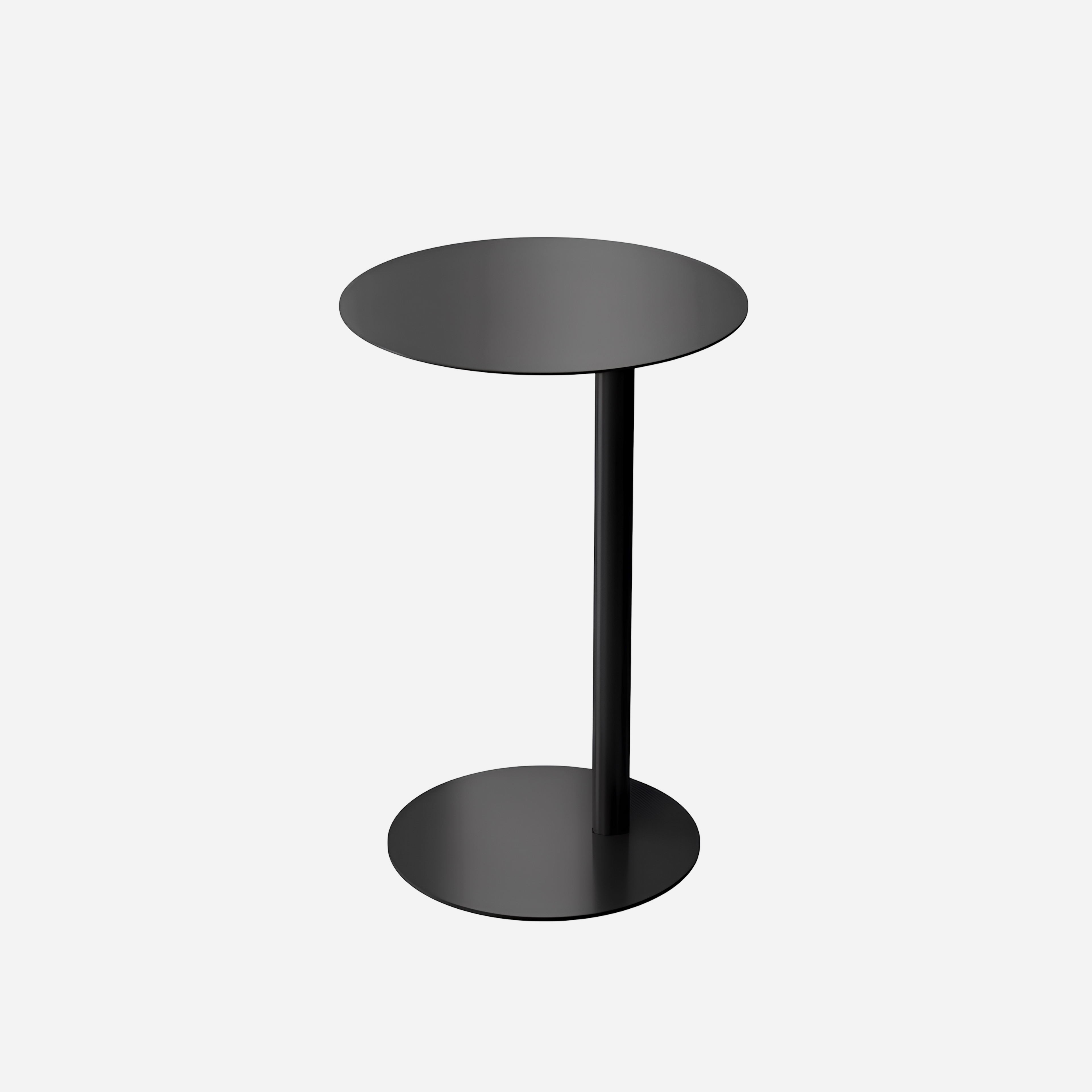 Black Minimalist side table with a round top and cylindrical base on a white background