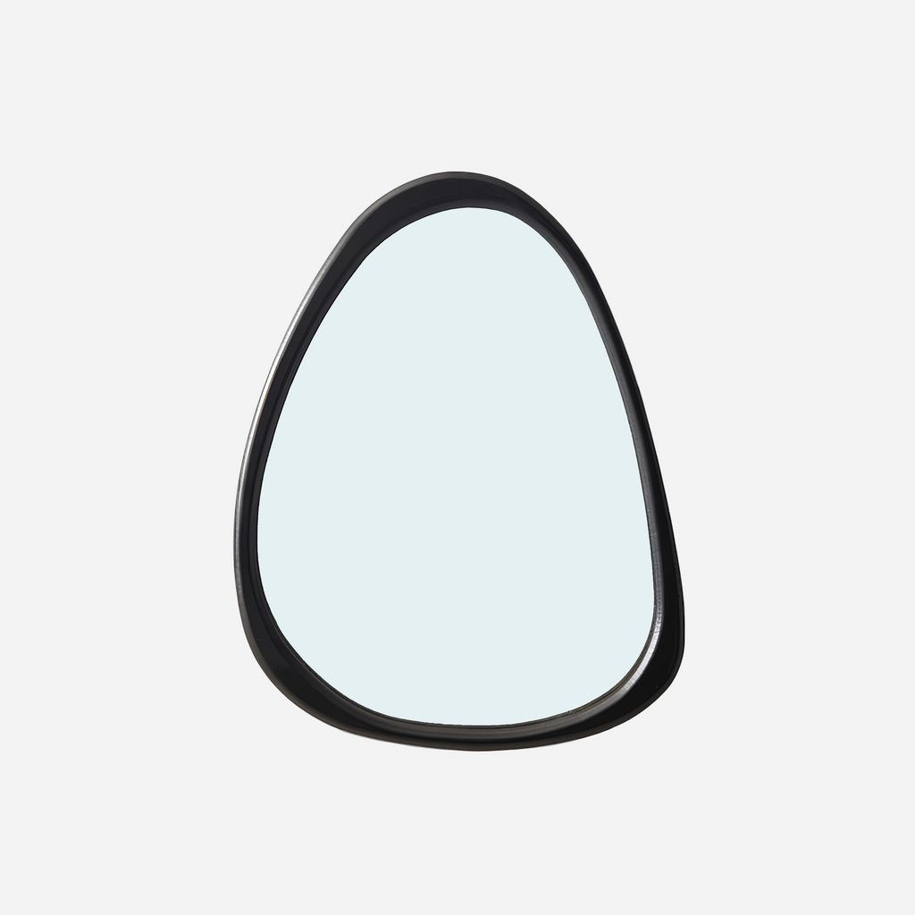 Oval mirror with black frame on a light gray background