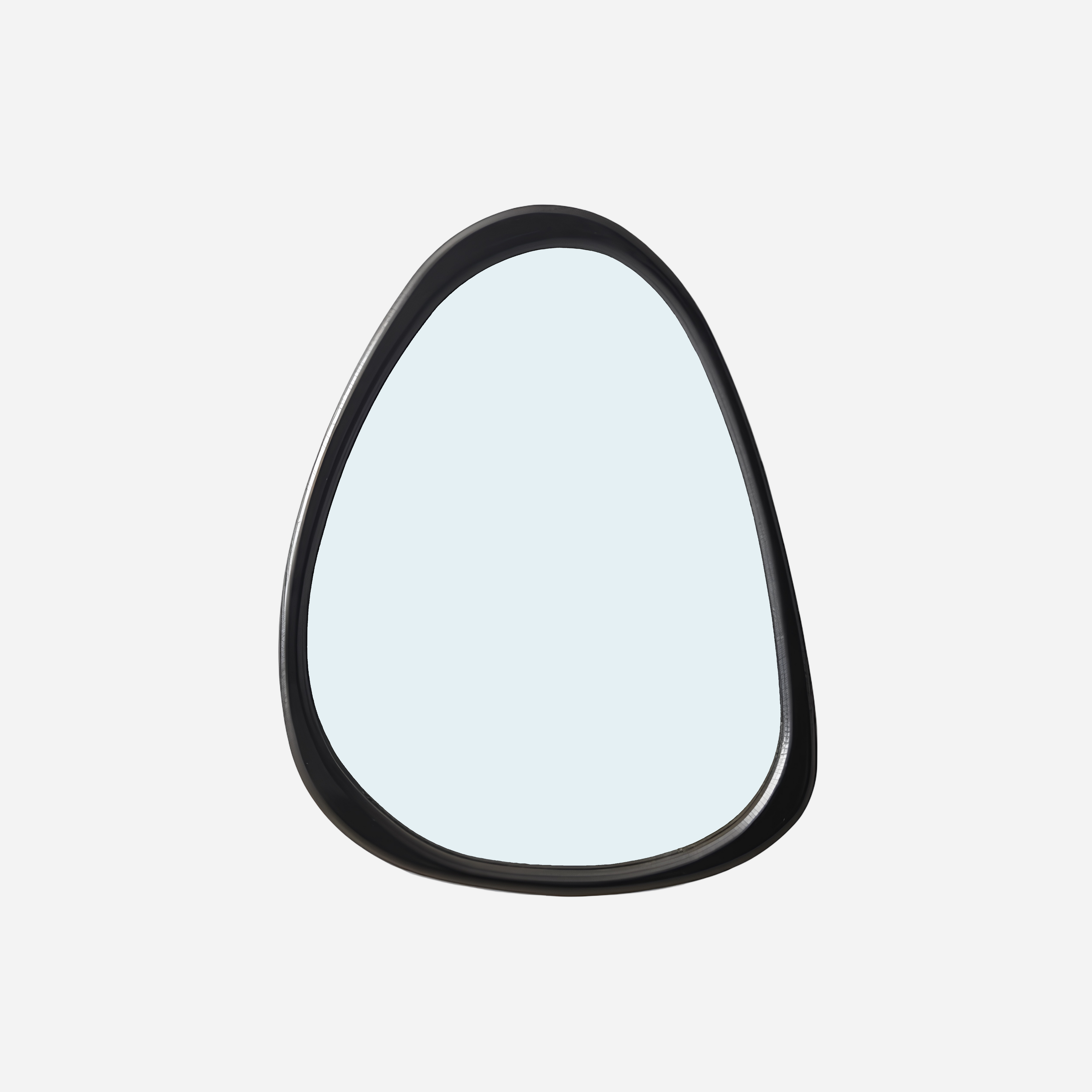 Oval mirror with black frame on a light gray background