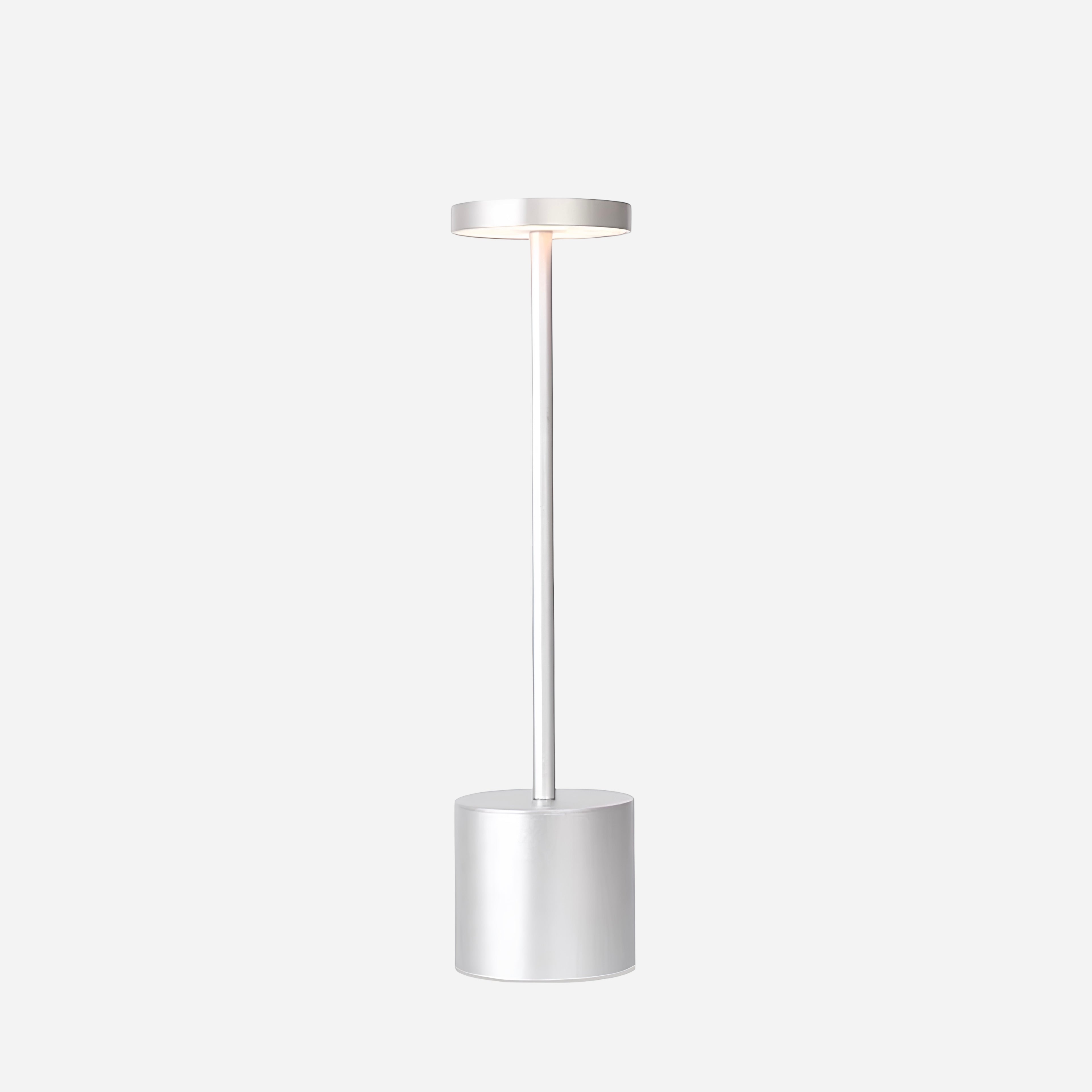 Modern table lamp with silver base on a light gray background
