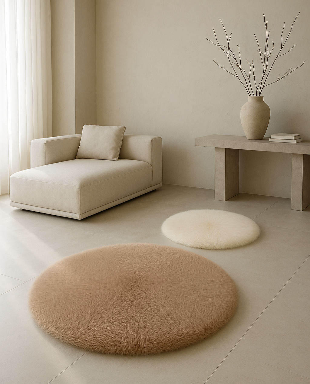Beige living room with a modern sofa, round rugs, and a small table with decor.